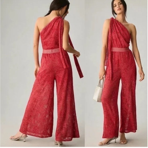 Anthropologie Cecilia Prado Jumpsuit Draped One Shoulder in Red Metallic